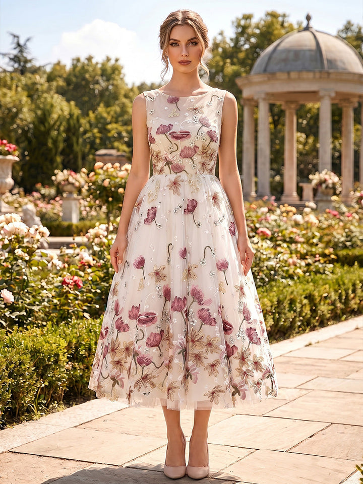A-Line/Princess Scoop Lace Embroidery Cocktail Dresses Floral Sleeveless Tea-Length Party Dresses
