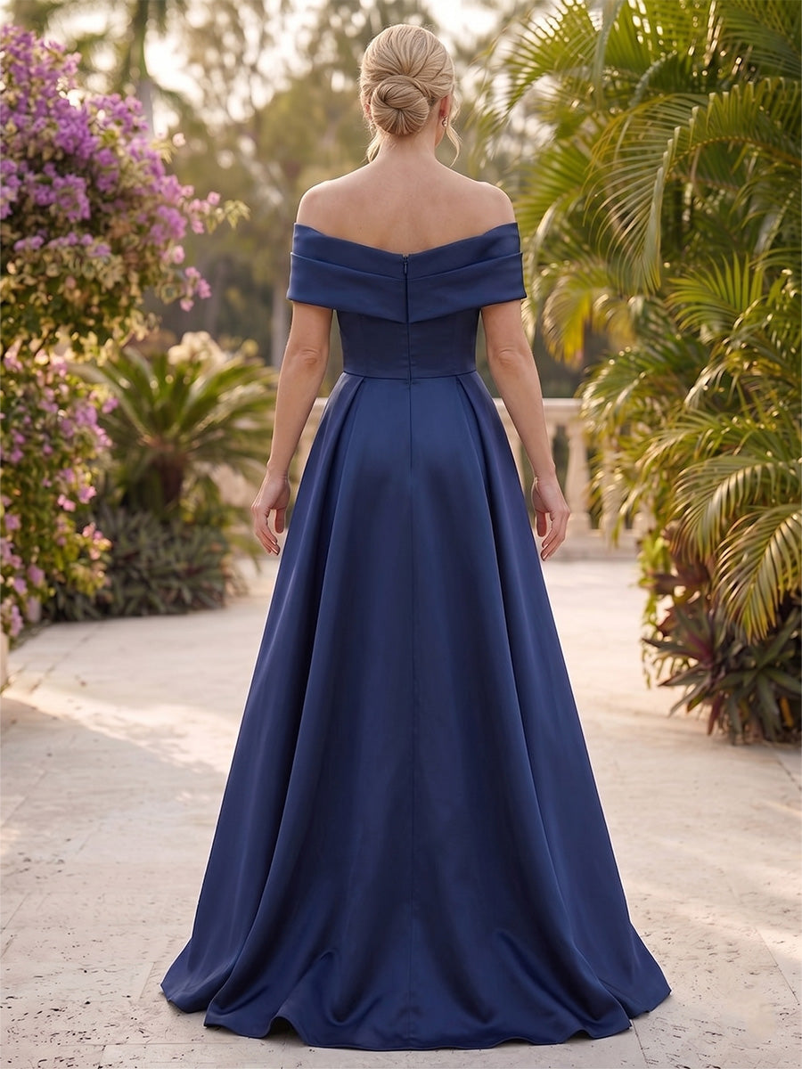 Sheath/Column Off-the-Shoulder Satin Evening Dresses with Overskirt Floor-Length Sequins Sleeveless Formal Dresses