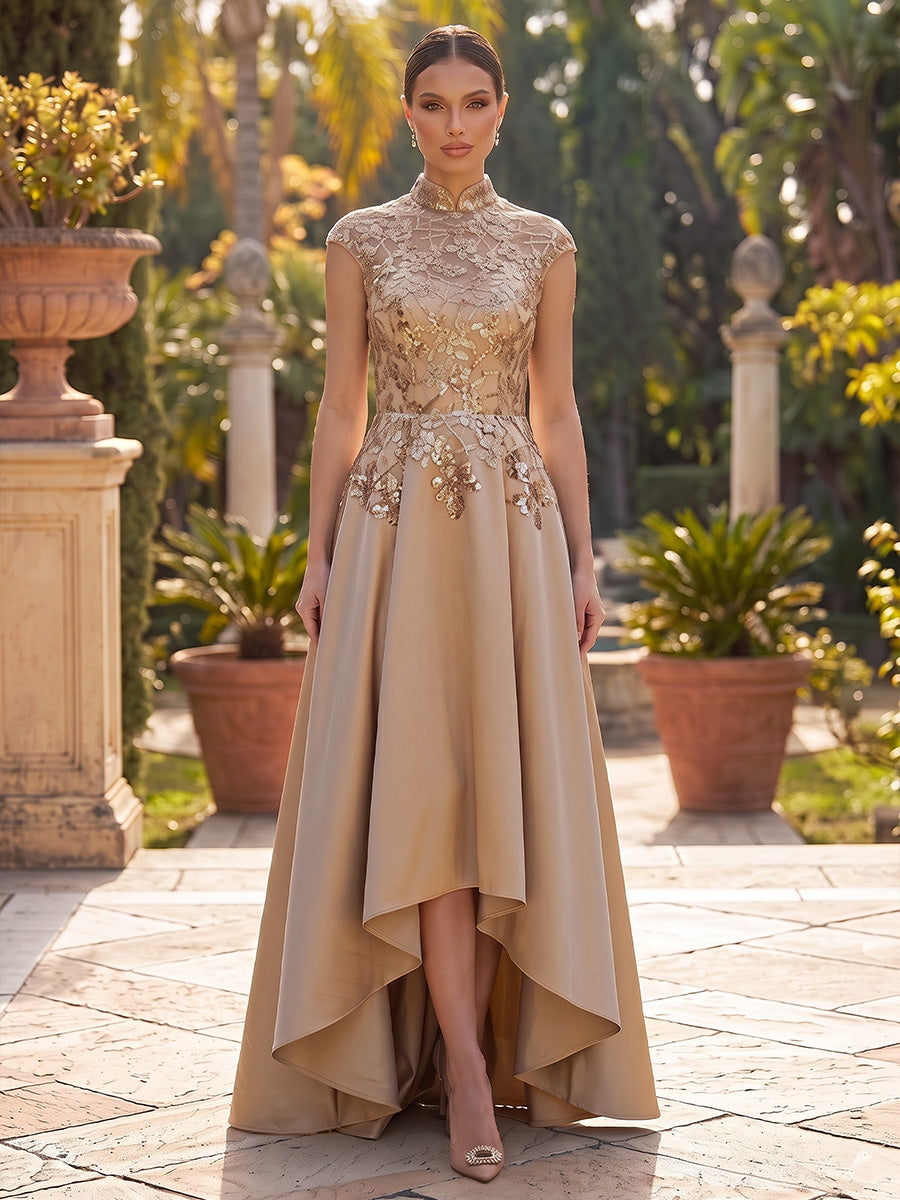 A-Line/Princess Mock Neck Evening Dresses Satin Asymmetrical Floor-Length Sequins Sleeveless Formal Dresses