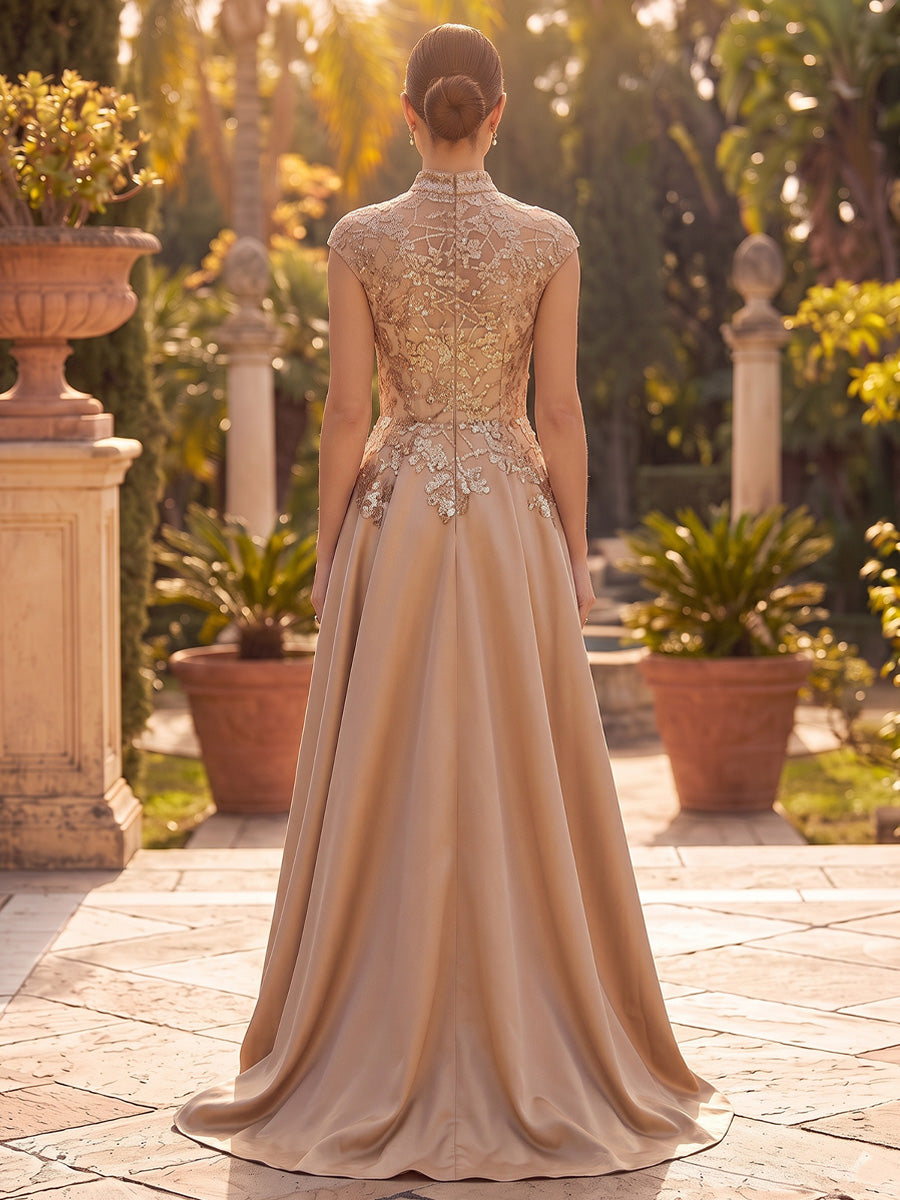 A-Line/Princess Mock Neck Evening Dresses Satin Asymmetrical Floor-Length Sequins Sleeveless Formal Dresses