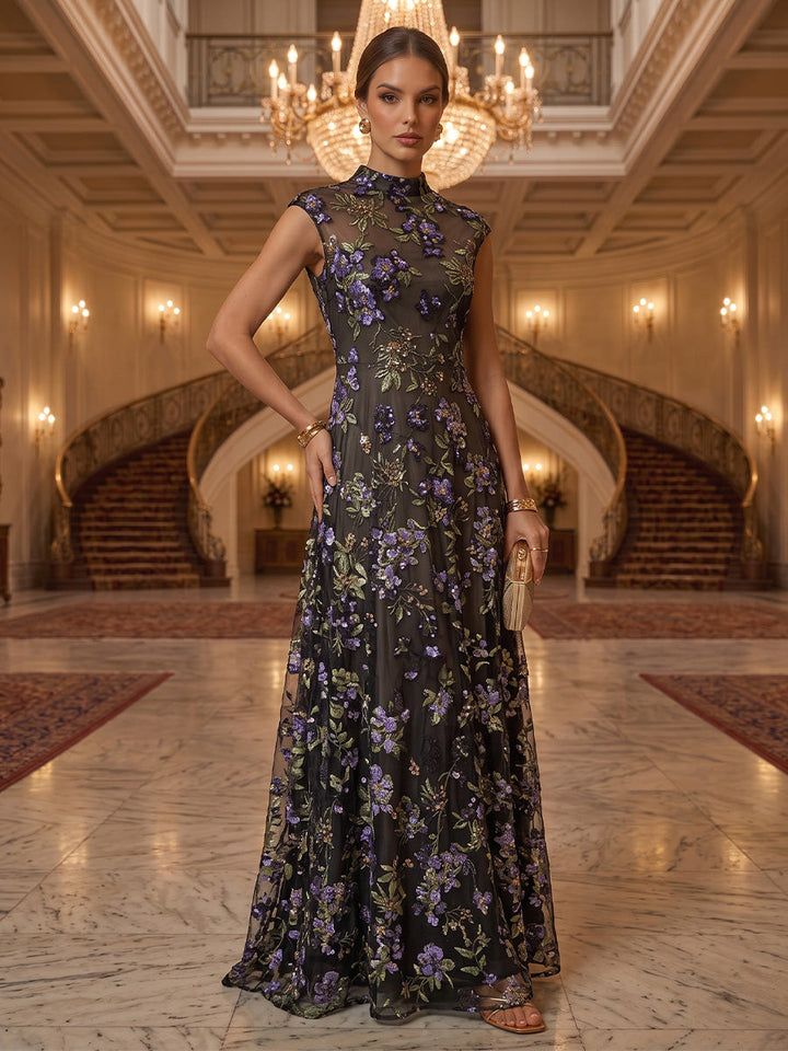 A-Line/Princess Mock Neck Lace Sequins Evening Dresses Floor-Length Sleeveless Floral Formal Dresses