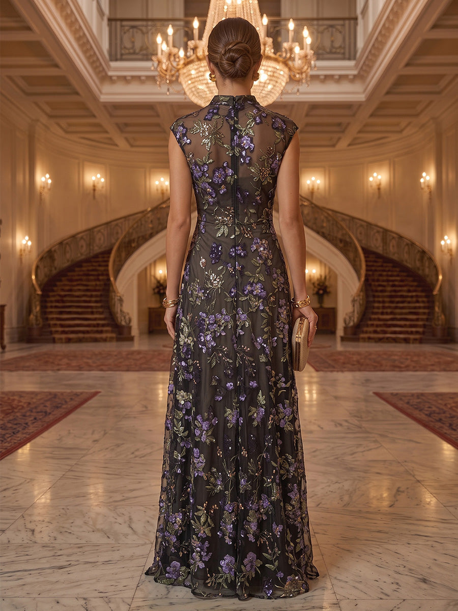 A-Line/Princess Mock Neck Lace Sequins Evening Dresses Floor-Length Sleeveless Floral Formal Dresses