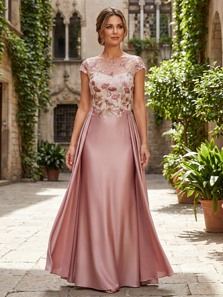 A-Line/Princess Scoop Silk Satin Evening Dresses with Overskirt Floor-Length Cap Sleeves Lace Floral Formal Dresses