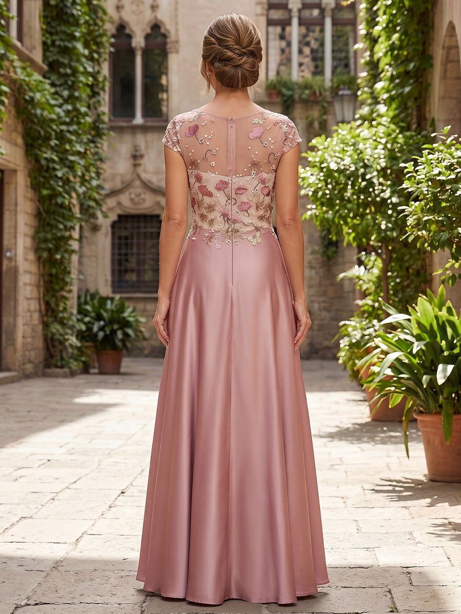 A-Line/Princess Scoop Silk Satin Evening Dresses with Overskirt Floor-Length Cap Sleeves Lace Floral Formal Dresses