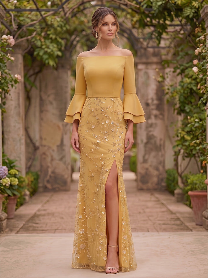 Sheath/Column Off-the-Shoulder Stretch Satin Evening Dresses with Split Side Floor-Length Sequins 3/4 Sleeves Formal Dresses