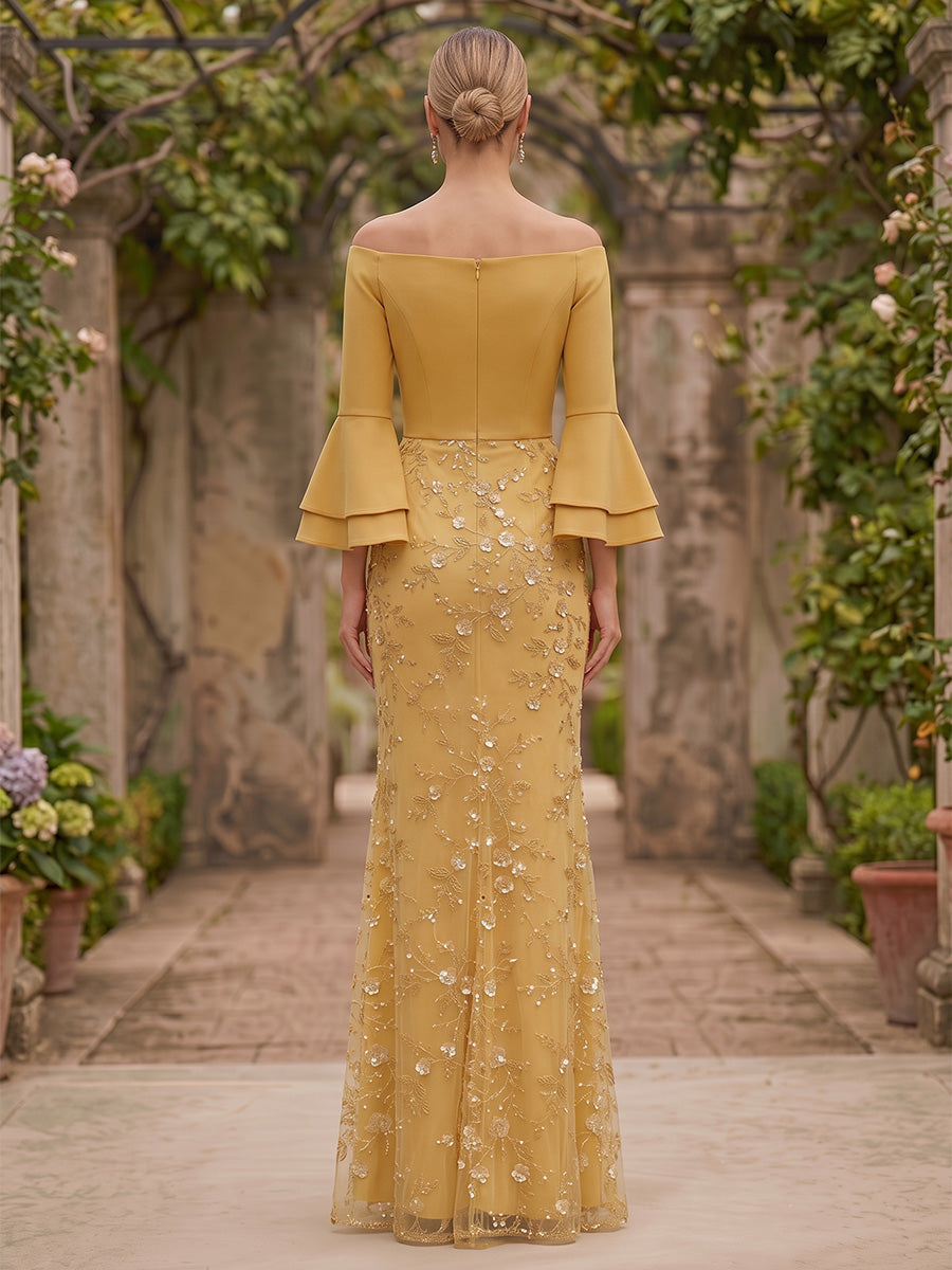 Sheath/Column Off-the-Shoulder Stretch Satin Evening Dresses with Split Side Floor-Length Sequins 3/4 Sleeves Formal Dresses