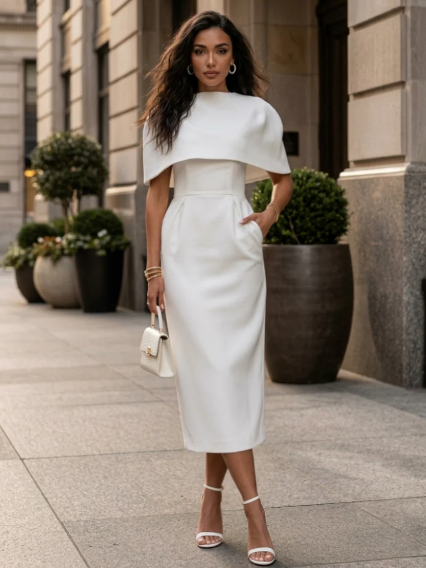 Sheath/Column Mock Neck Stretch Satin Cocktail Dresses Tea-Length Detachable Cape Sleeves Little White Dresses Party Dresses