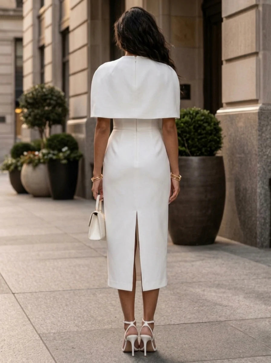 Sheath/Column Mock Neck Stretch Satin Cocktail Dresses Tea-Length Detachable Cape Sleeves Little White Dresses Party Dresses