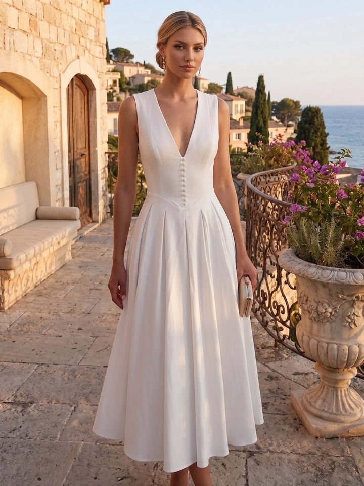 A-Line/Princess V- Neck Stretch Satin Cocktail Dresses Tea-Length Sleeveless Little White Dresses Party Dresses