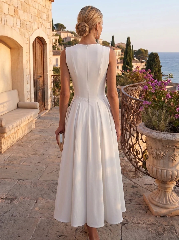 A-Line/Princess V- Neck Stretch Satin Cocktail Dresses Tea-Length Sleeveless Little White Dresses Party Dresses