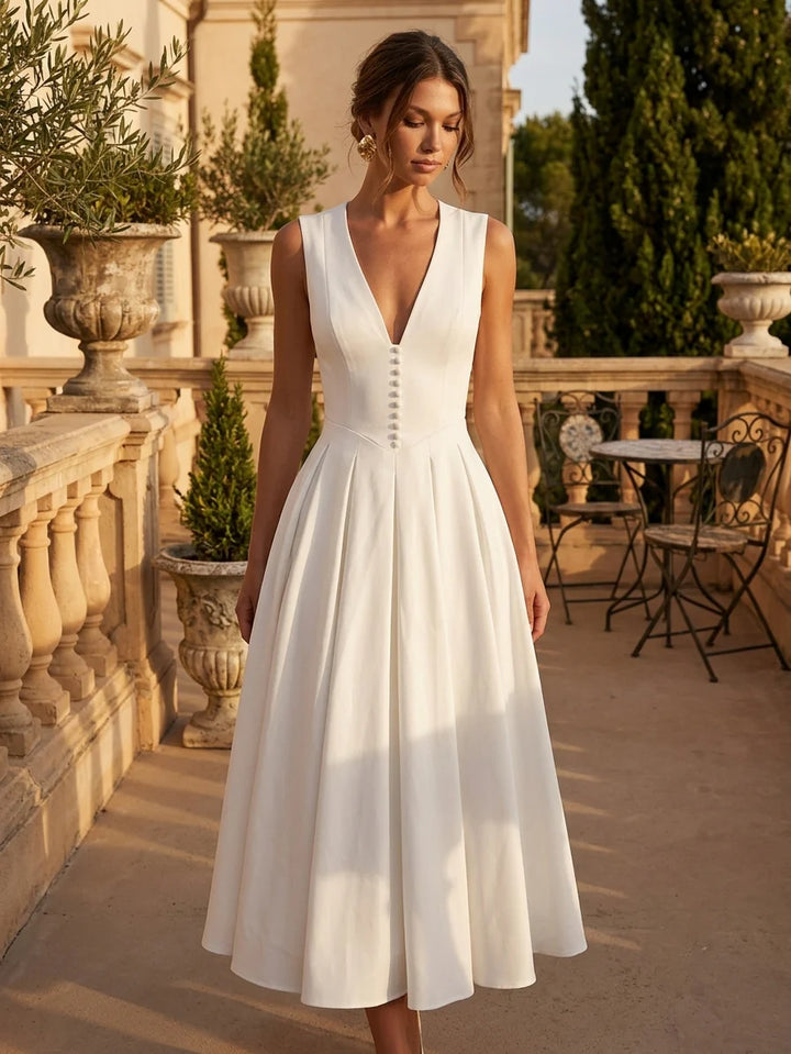 A-Line/Princess V- Neck Stretch Satin Cocktail Dresses Tea-Length Sleeveless Little White Dresses Party Dresses