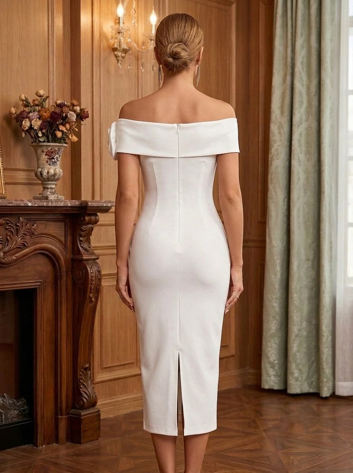 Sheath/Column Off-the-Shoulder Stretch Satin Cocktail Dresses with 3D Flower Tea-Length Sleeveless Little White Dresses Party Dresses