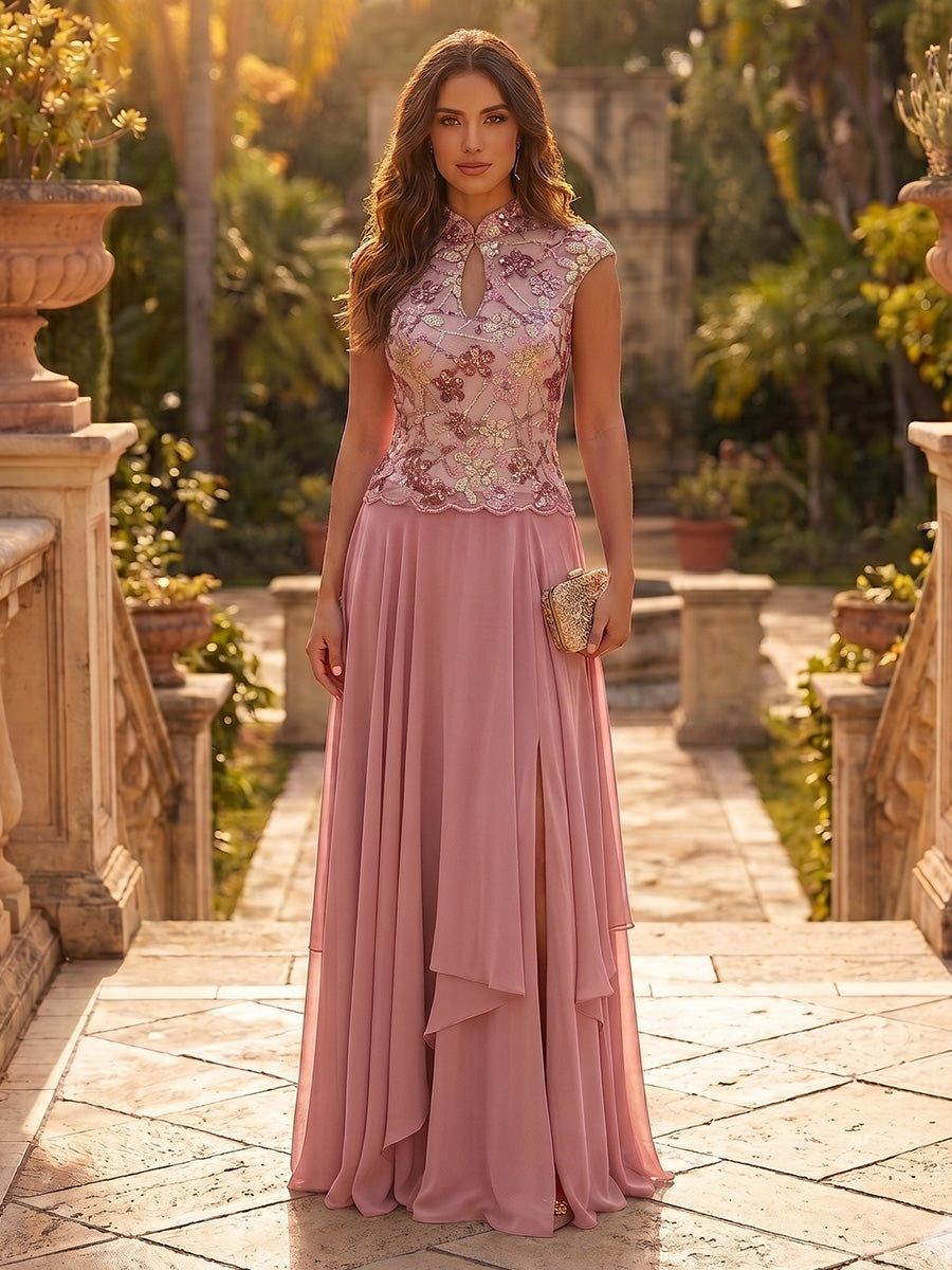 A-Line/Princess Mock Neck Chiffon Formal Dresses Sequins Floor-Length Sleeveless Floral Evening Dresses
