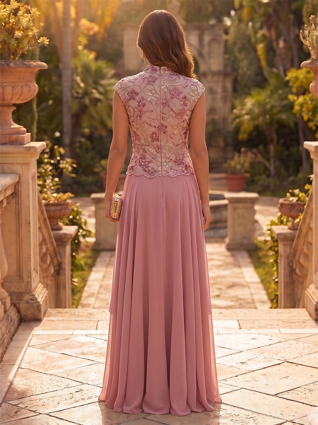 A-Line/Princess Mock Neck Chiffon Formal Dresses Sequins Floor-Length Sleeveless Floral Evening Dresses