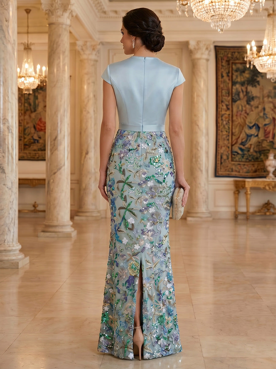 Sheath/Column V-Neck Sequins Formal Dresses with 3D Flower Floor-Length Cap Sleeves Evening Dresses