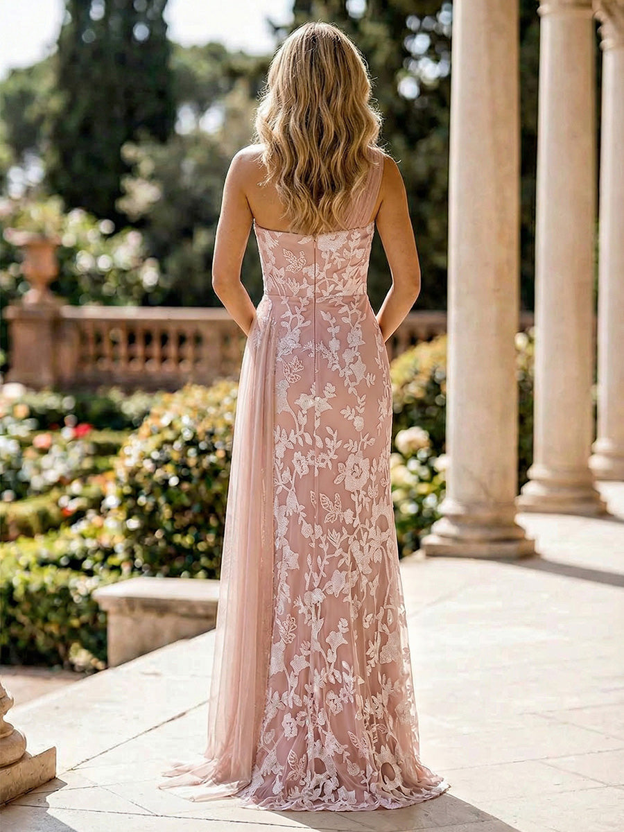A-Line/Princess One-Shoulder Lace Formal Dresses with Split Side Floor-Length Watteau Train Sleeveless Evening Dresses