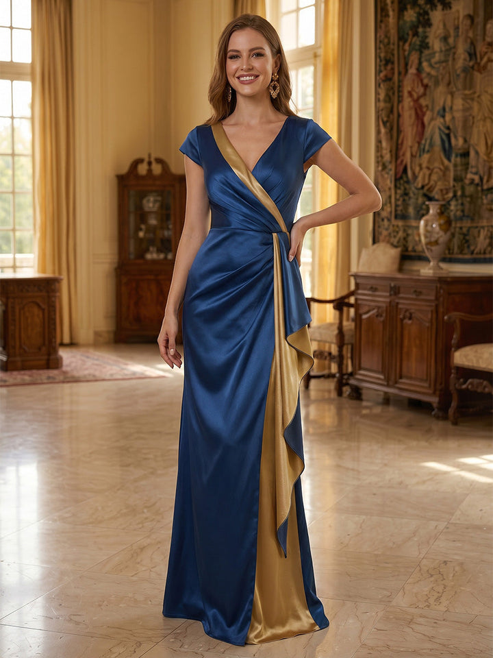 A-Line/Princess V-Neck Silk Satin Formal Dresses Floor-Length Cap Sleeves Ruffles Evening Dresses