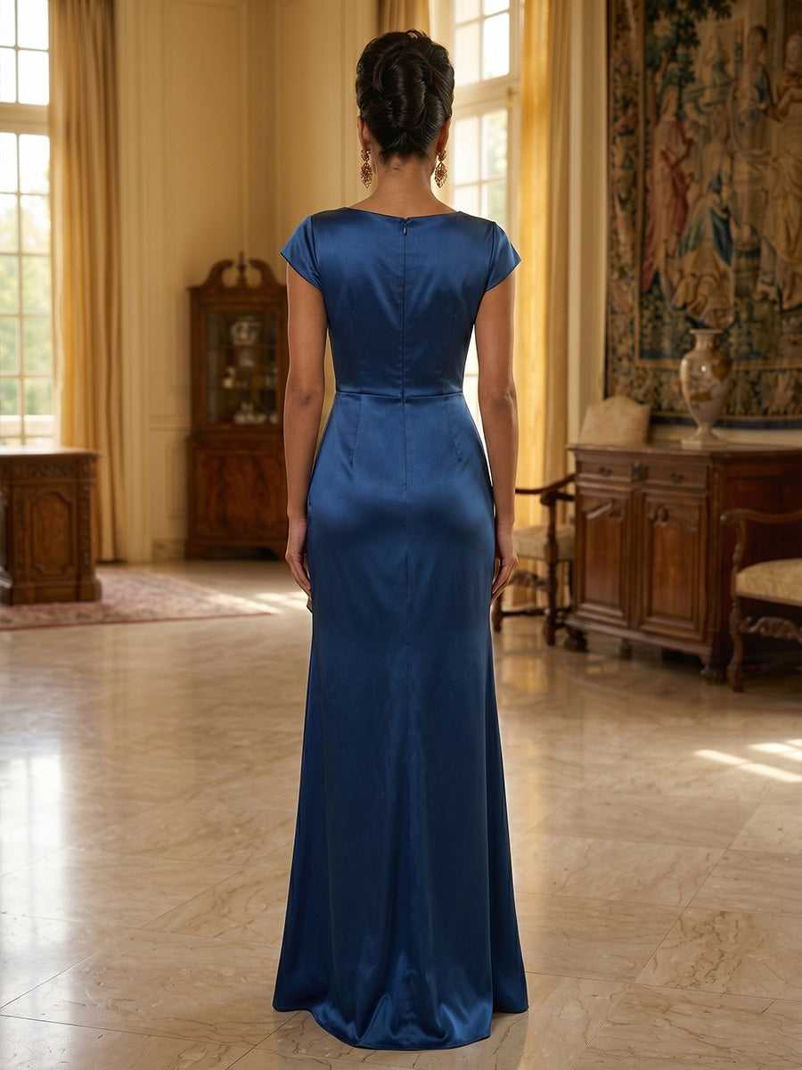 A-Line/Princess V-Neck Silk Satin Formal Dresses Floor-Length Cap Sleeves Ruffles Evening Dresses