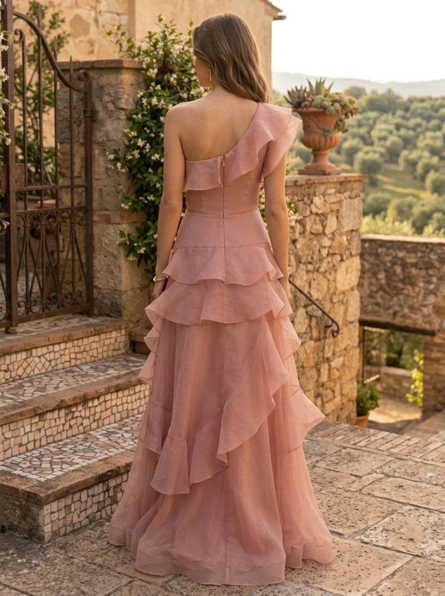 A-Line/Princess One-Shoulder Organza Evening Dresses Floor-Length Sleeveless Ruffles Formal Dresses