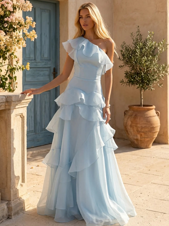 A-Line/Princess One-Shoulder Organza Evening Dresses Floor-Length Sleeveless Ruffles Formal Dresses