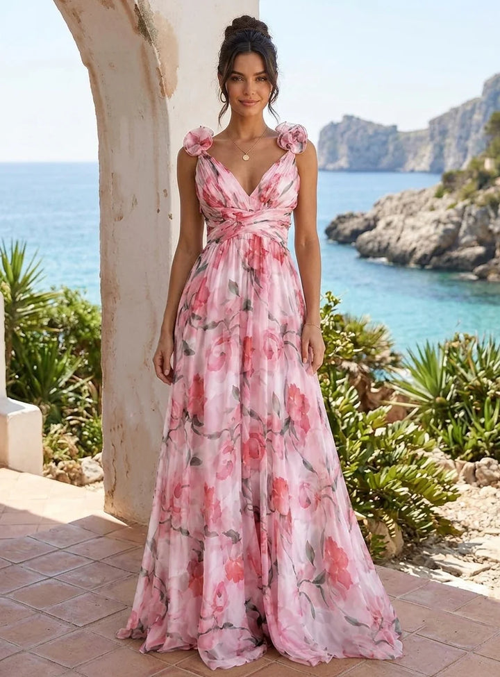 A-Line/Princess V-Neck Floral Evening Dresses with 3D Flower Floor-Length Sleeveless Formal Dresses Holiday Dress