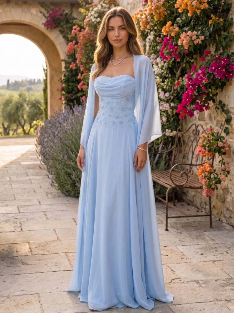 A-Line/Princess Strapless Chiffon Evening Dresses with Wrap Floral Floor-Length Sleeveless Formal Dresses