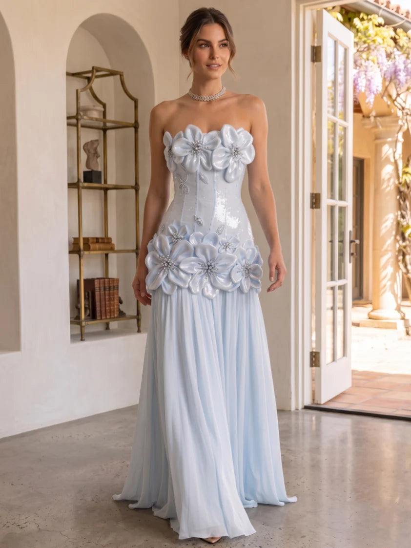 A-Line/Princess Strapless Chiffon Evening Dresses with 3D Flower Floor-Length Sleeveless Formal Dresses