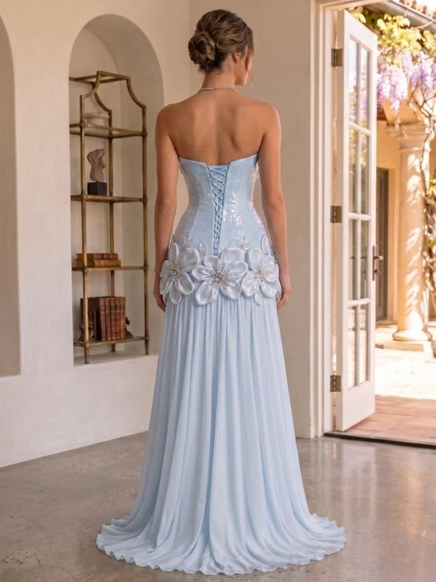 A-Line/Princess Strapless Chiffon Evening Dresses with 3D Flower Floor-Length Sleeveless Formal Dresses