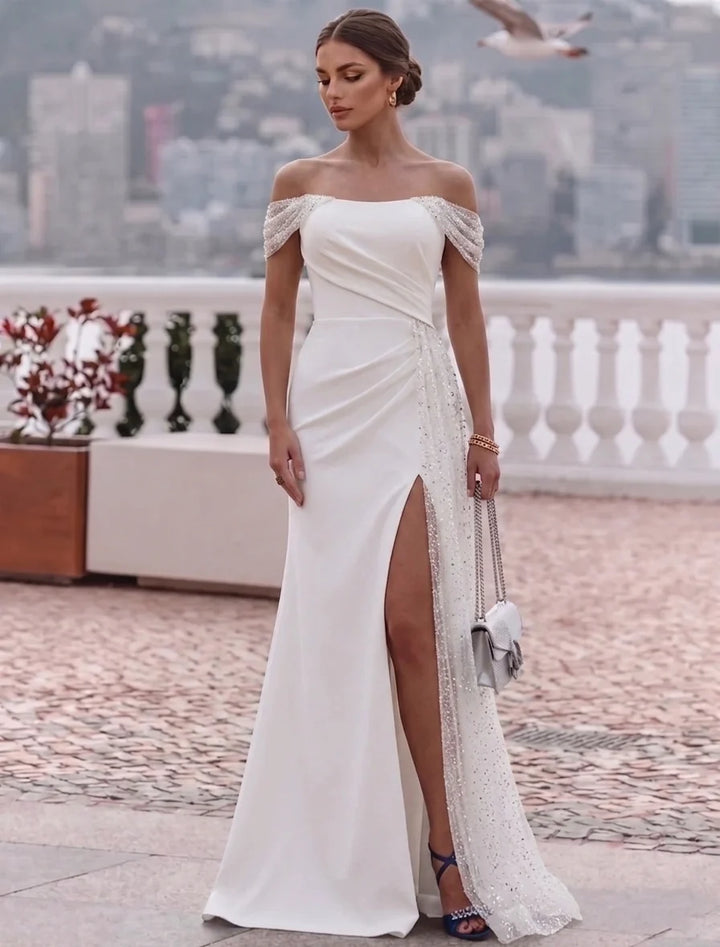 Trumpet/Mermaid Off-the-Shoulder Stretch Satin Evening Dresses with Split Side Floor-Length Sleeveless Formal Dresses
