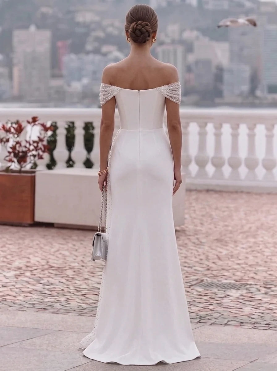 Trumpet/Mermaid Off-the-Shoulder Stretch Satin Evening Dresses with Split Side Floor-Length Sleeveless Formal Dresses