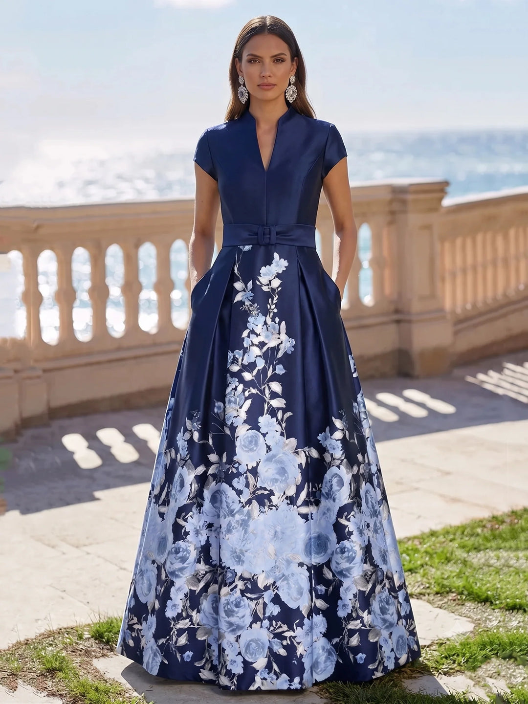 A-Line/Princess V-Neck Satin Evening Dresses Floral Floor-Length Cap Sleeves Formal Dresses