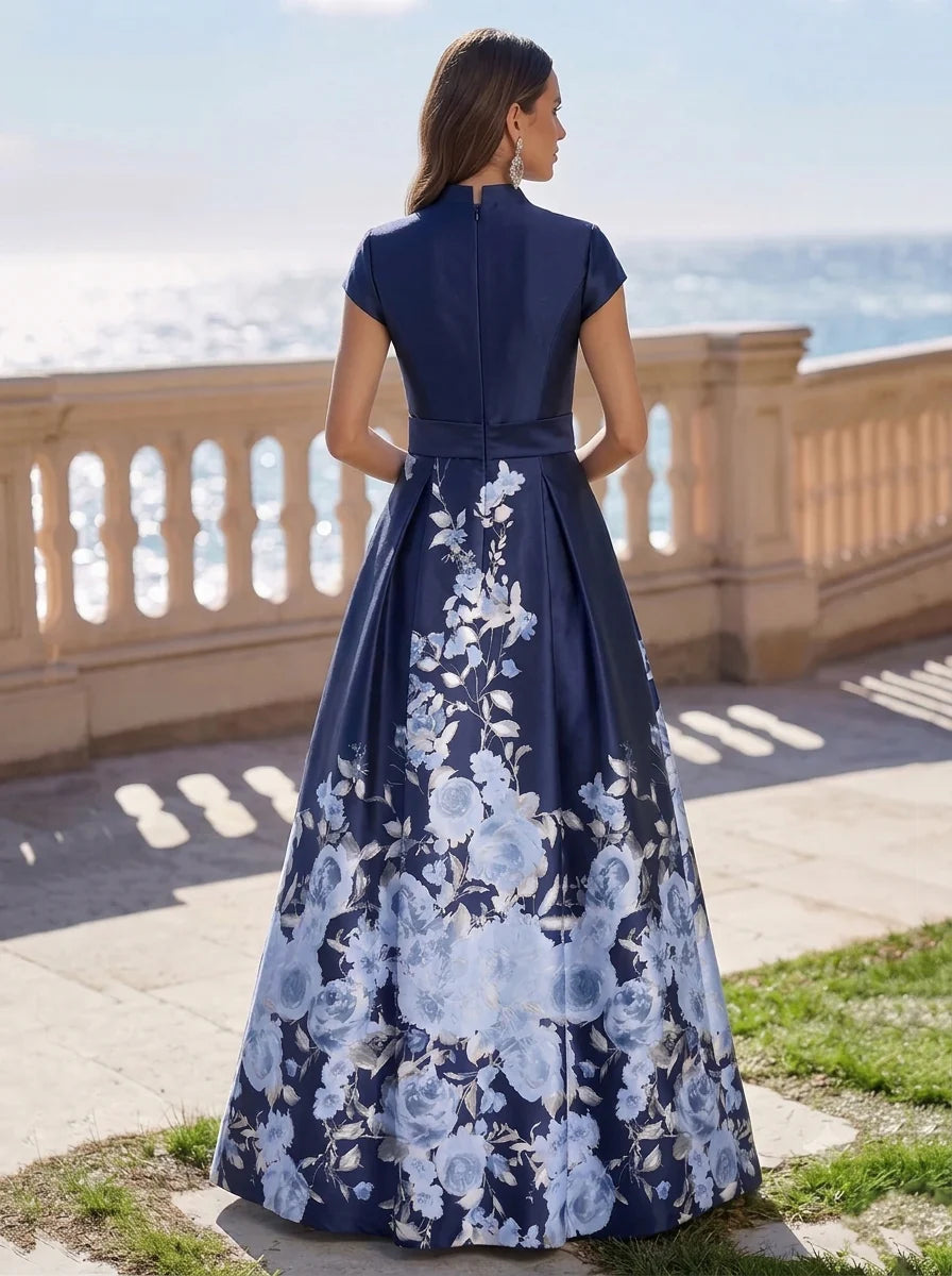 A-Line/Princess V-Neck Satin Evening Dresses Floral Floor-Length Cap Sleeves Formal Dresses