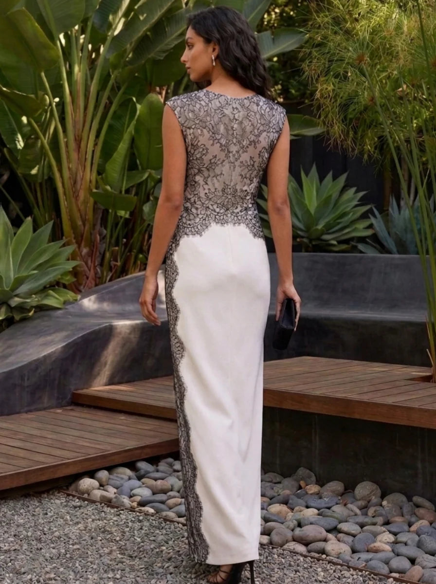 Sheath/Column Scoop Stretch Satin Evening Dresses with Split Side Floor-Length Lace Floral Sleeveless Formal Dresses