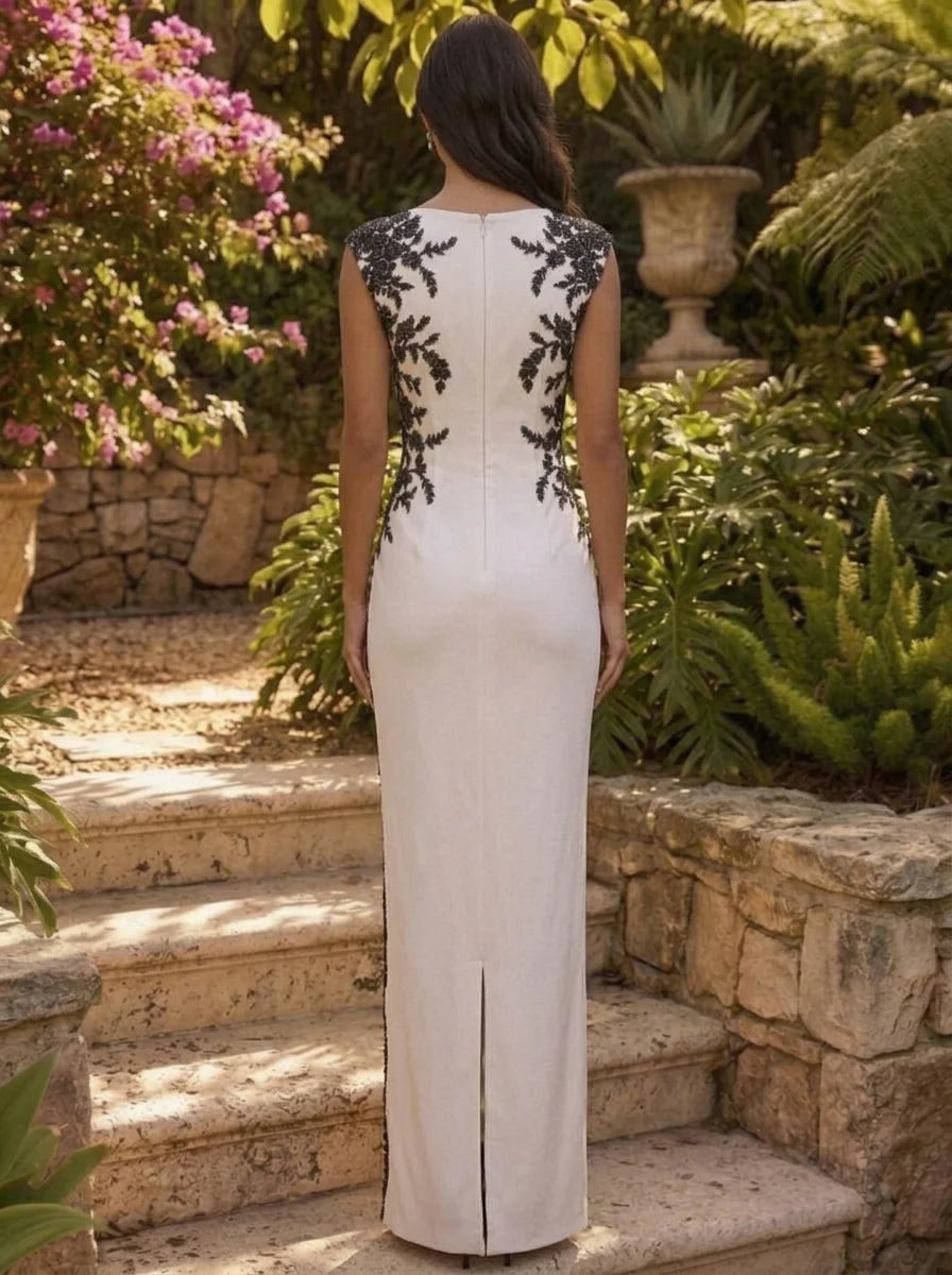 Sheath/Column Scoop Stretch Satin Evening Dresses Lace Floral Floor-Length Sleeveless Formal Dresses