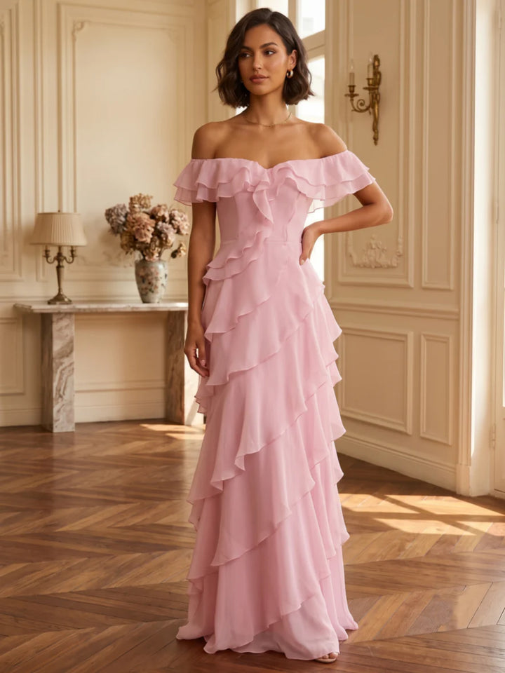 A-Line/Princess Off-the-Shoulder Chiffon Evening Dresses Ruffles Floor-Length Sleeveless Formal Dresses
