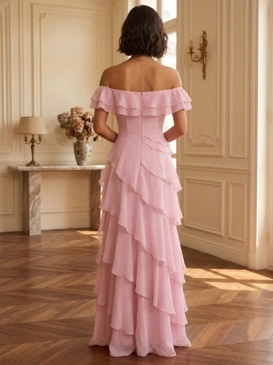 A-Line/Princess Off-the-Shoulder Chiffon Evening Dresses Ruffles Floor-Length Sleeveless Formal Dresses