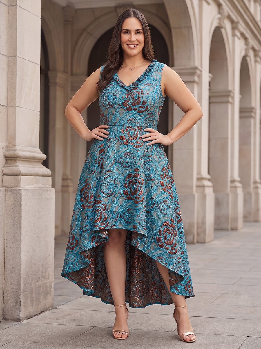 A-Line/Princess V-Neck Floral Plus Size Wedding Guest Dresses Sleeveless High-Low