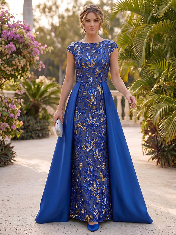 A-Line/Princess Scoop Sequins Formal Dresses with Overskirt Floor-Length Short Sleeves Evening Dresses