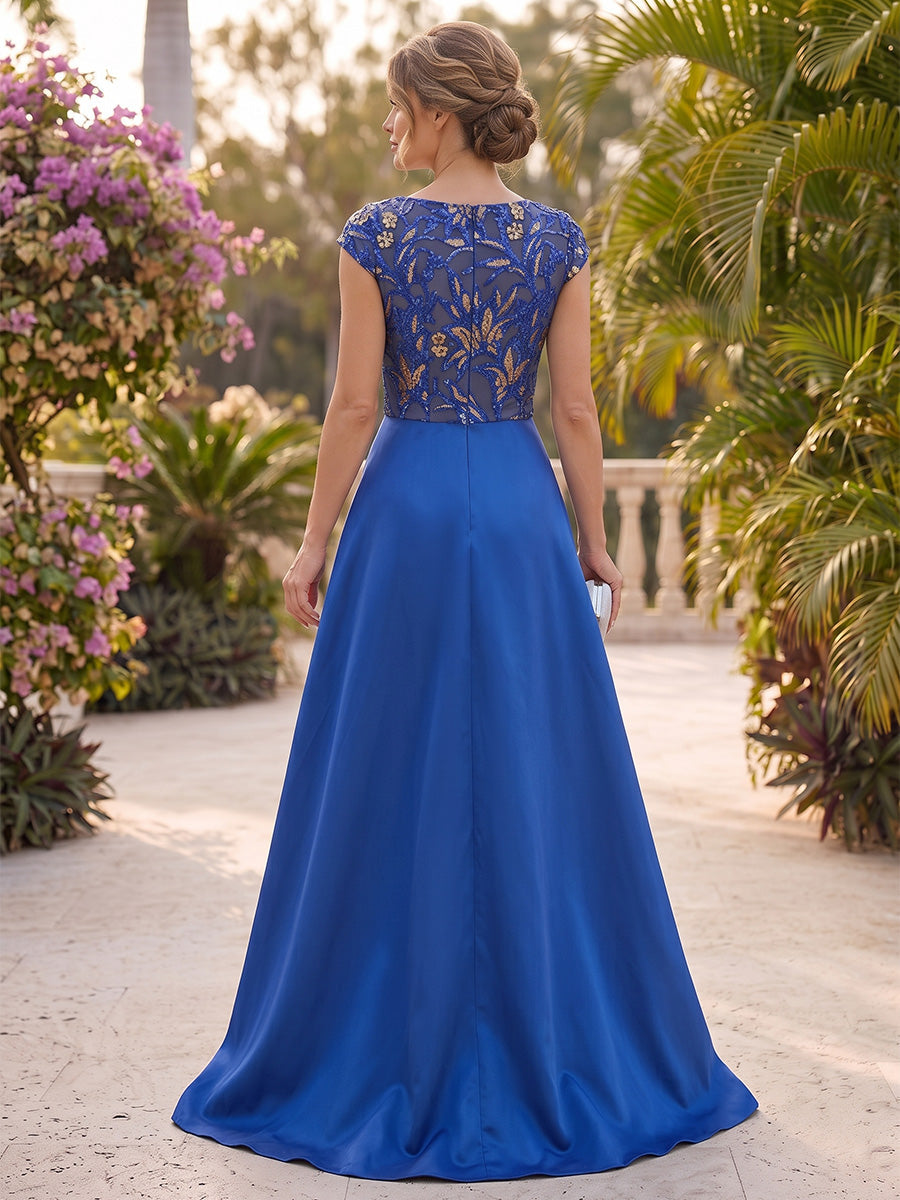 A-Line/Princess Scoop Sequins Formal Dresses with Overskirt Floor-Length Short Sleeves Evening Dresses