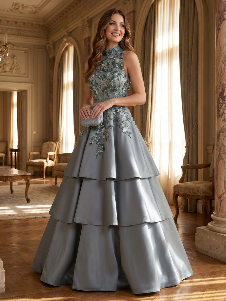 A-Line/Princess Halter Satin Formal Dresses Floral Floor-Length Sleeveless Evening Dresses