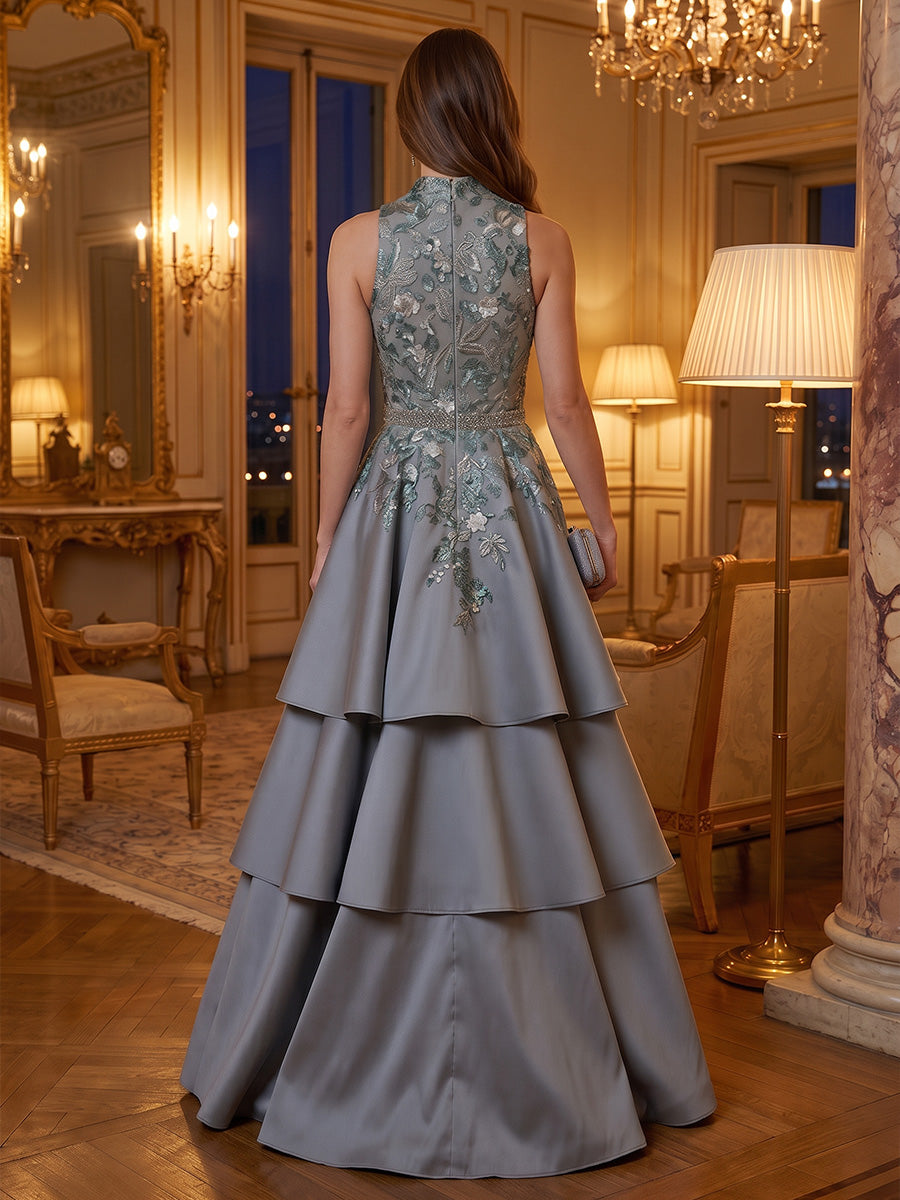 A-Line/Princess Halter Satin Formal Dresses Floral Floor-Length Sleeveless Evening Dresses