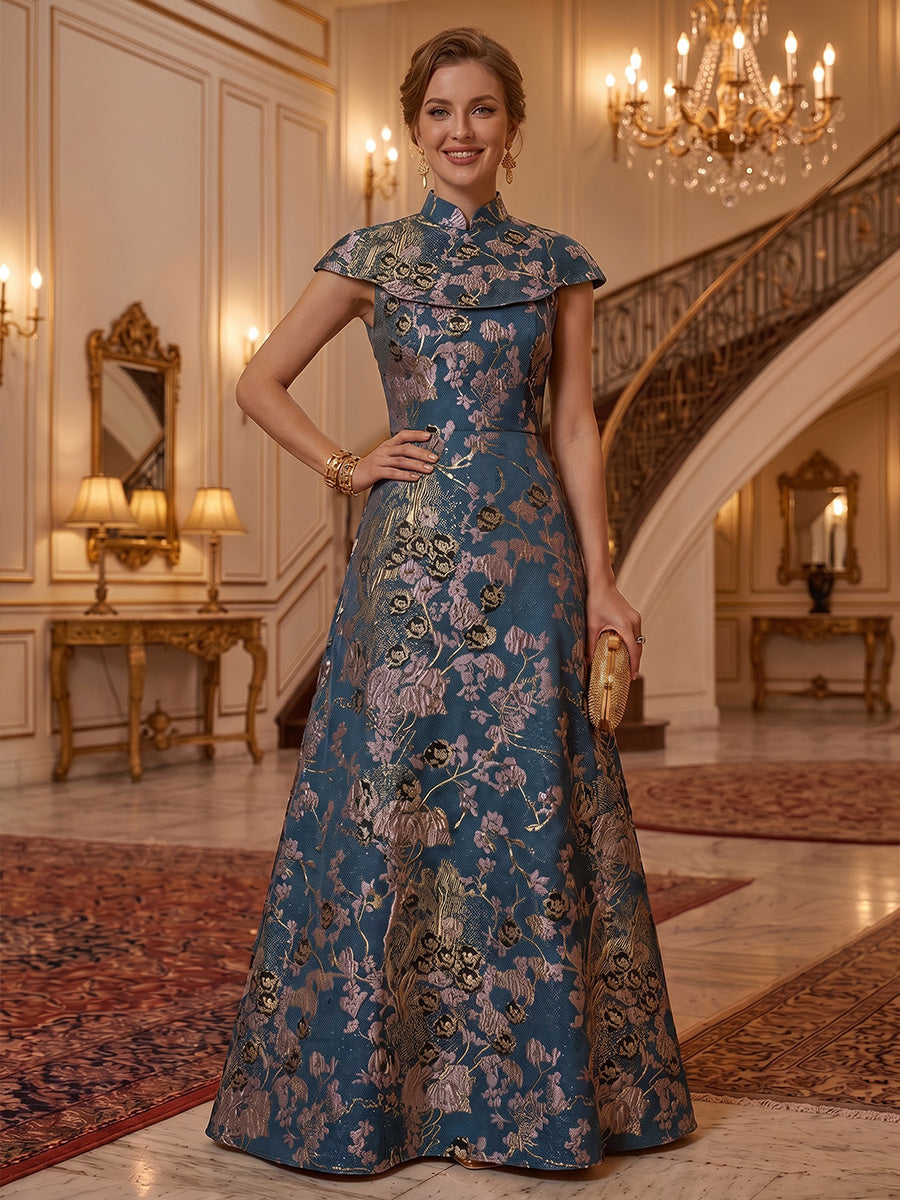 A-Line/Princess Mock Neck Floral Formal Dresses Floor-Length Short Sleeves Evening Dresses