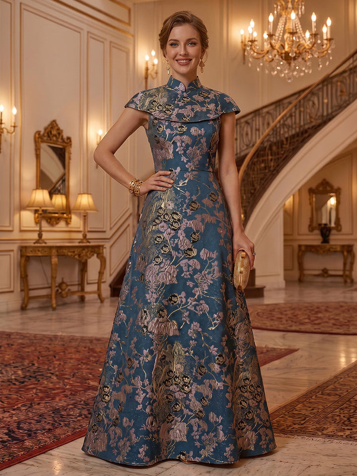 A-Line/Princess Mock Neck Floral Formal Dresses Floor-Length Short Sleeves Evening Dresses