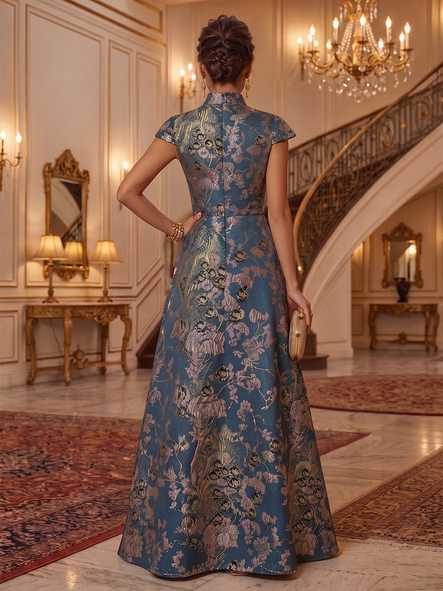 A-Line/Princess Mock Neck Floral Formal Dresses Floor-Length Short Sleeves Evening Dresses