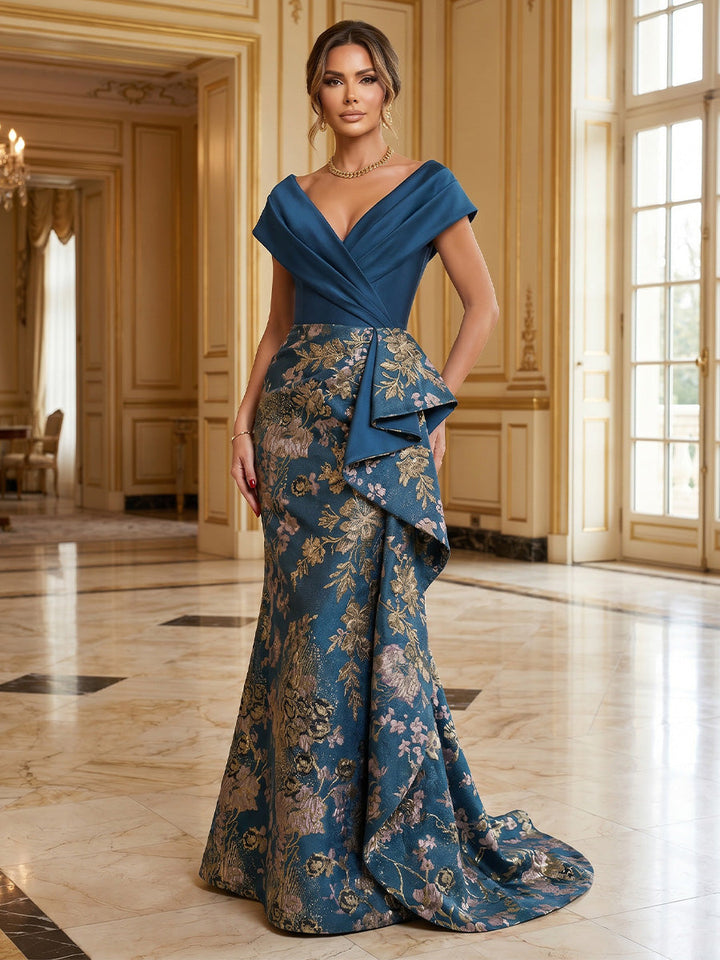 Trumpet/Mermaid V-Neck Floral Satin Formal Dresses Floor-Length Short Sleeves Evening Dresses