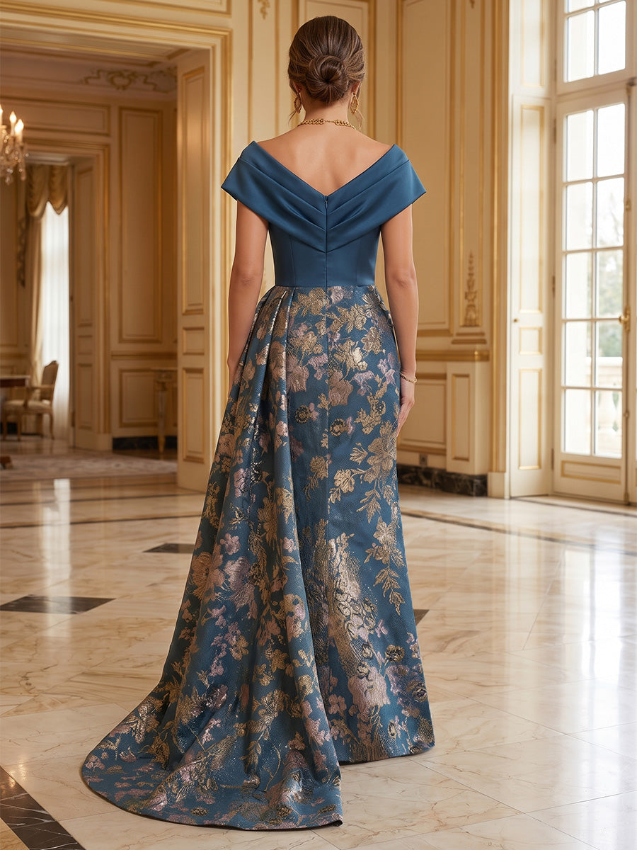 Trumpet/Mermaid V-Neck Floral Satin Formal Dresses Floor-Length Short Sleeves Evening Dresses