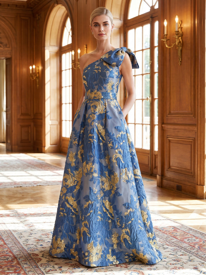A-Line/Princess One-Shoulder Floral Formal Dresses Floor-Length Sleeveless Evening Dresses with Bowknot