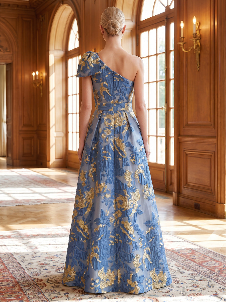 A-Line/Princess One-Shoulder Floral Formal Dresses Floor-Length Sleeveless Evening Dresses with Bowknot