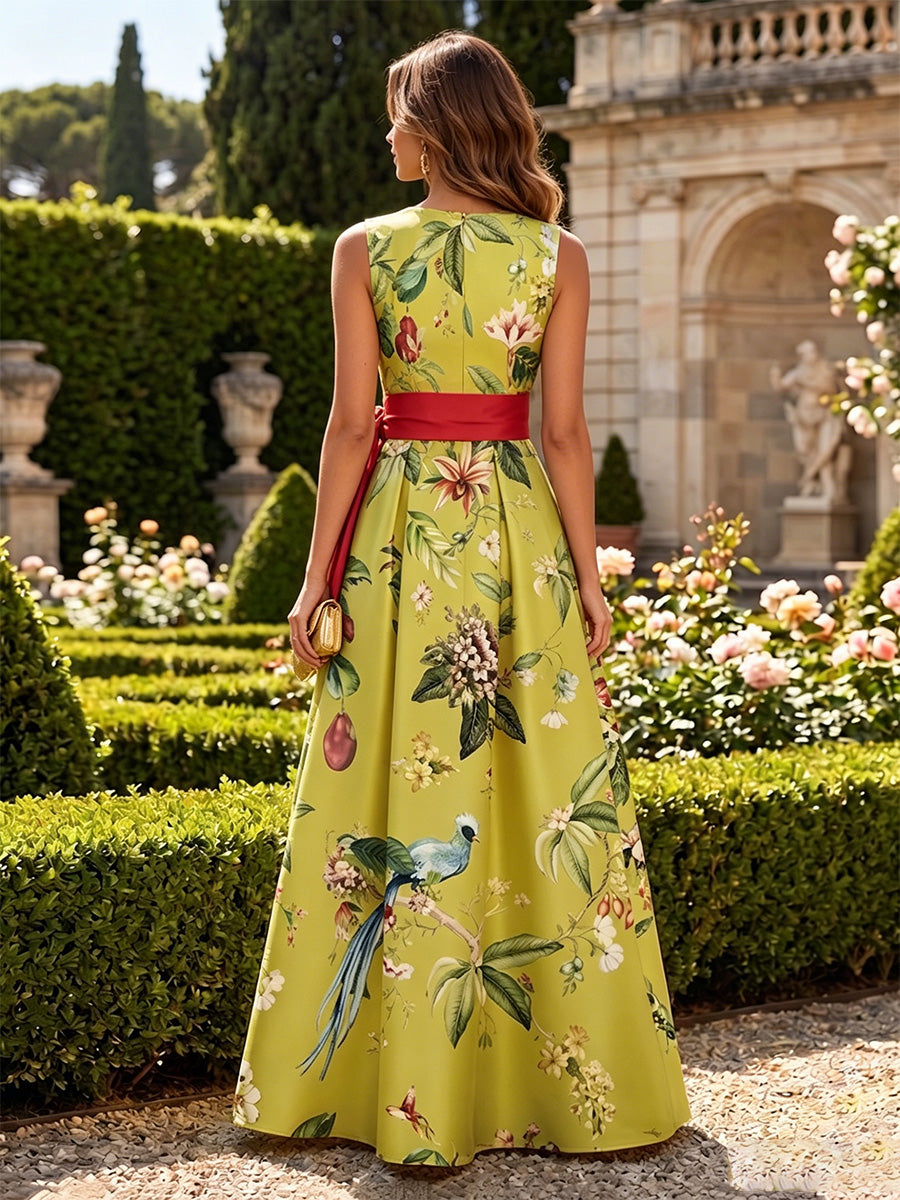 A-Line/Princess Mock Neck Floral Formal Dresses Floor-Length Sleeveless Evening Dresses with Bowknot
