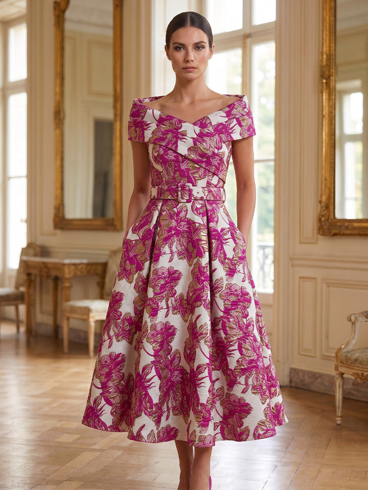 A-Line/Princess Off-the-Shoulder Jacquard Cocktail Dresses Floral Sleeveless Tea-Length Belt Party Dresses